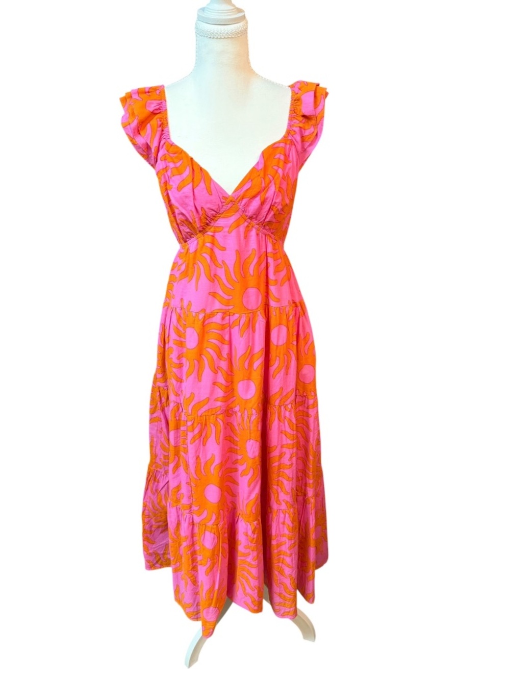 .Marie Mara Sun Print Ruffle Strap Tie Back Tiered Midi Dress Size M $180 Retail